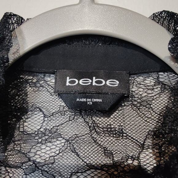 Bebe Women's Sz XS Black Sheer Lace Button Up Shirt Ruffle High Neckline - Picture 2 of 6